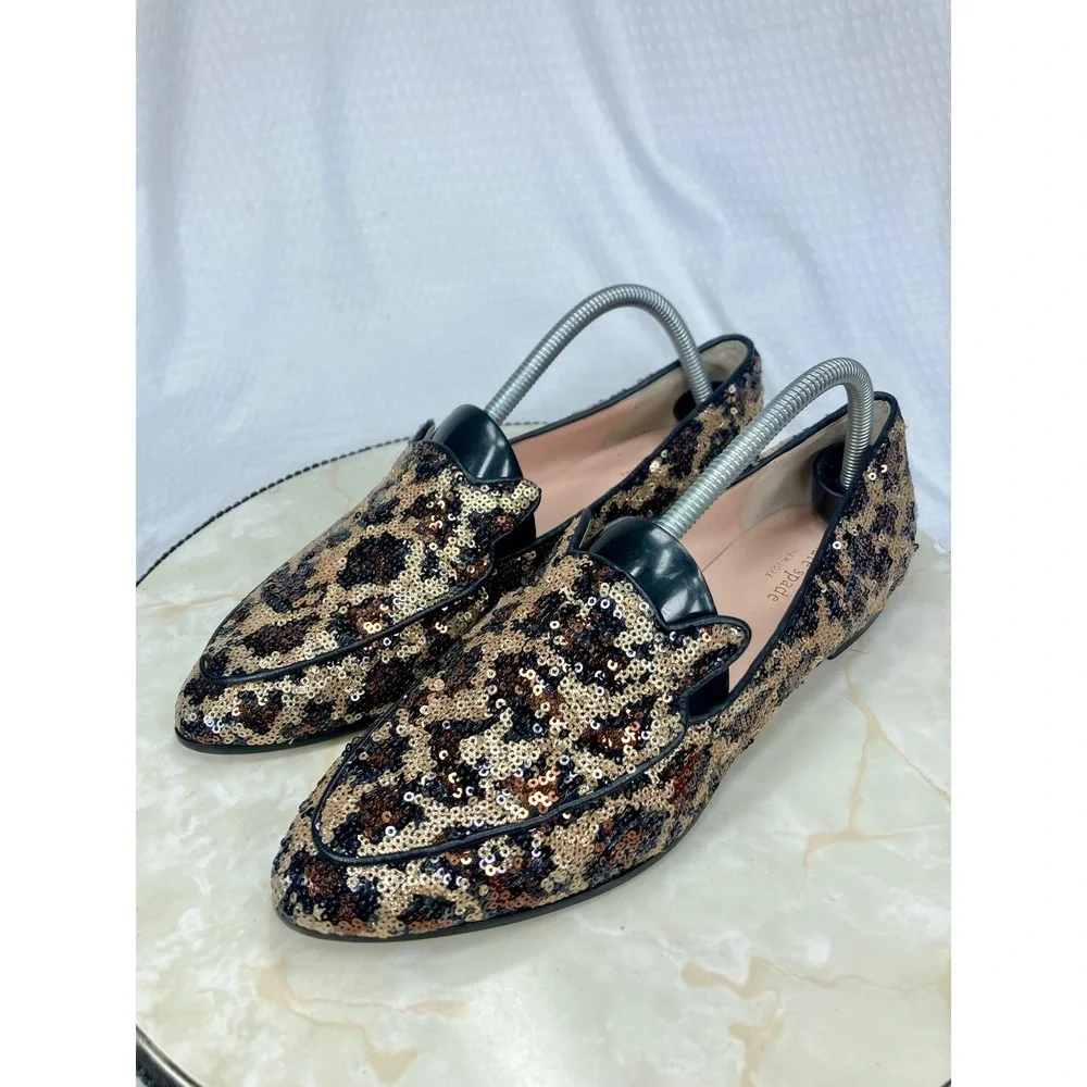 Kate Spade Sequin Leopard Print Loafers Womens 9.5 Gold Black Evening Party Flat